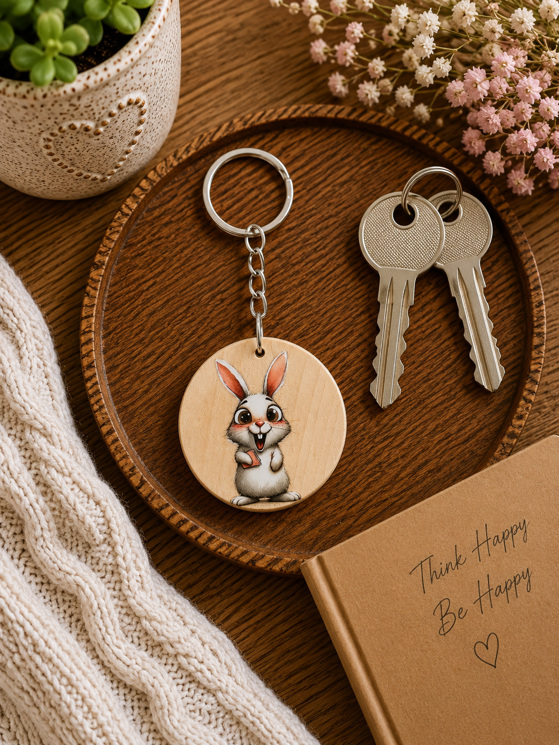 Cute Bunny Wooden Keyring