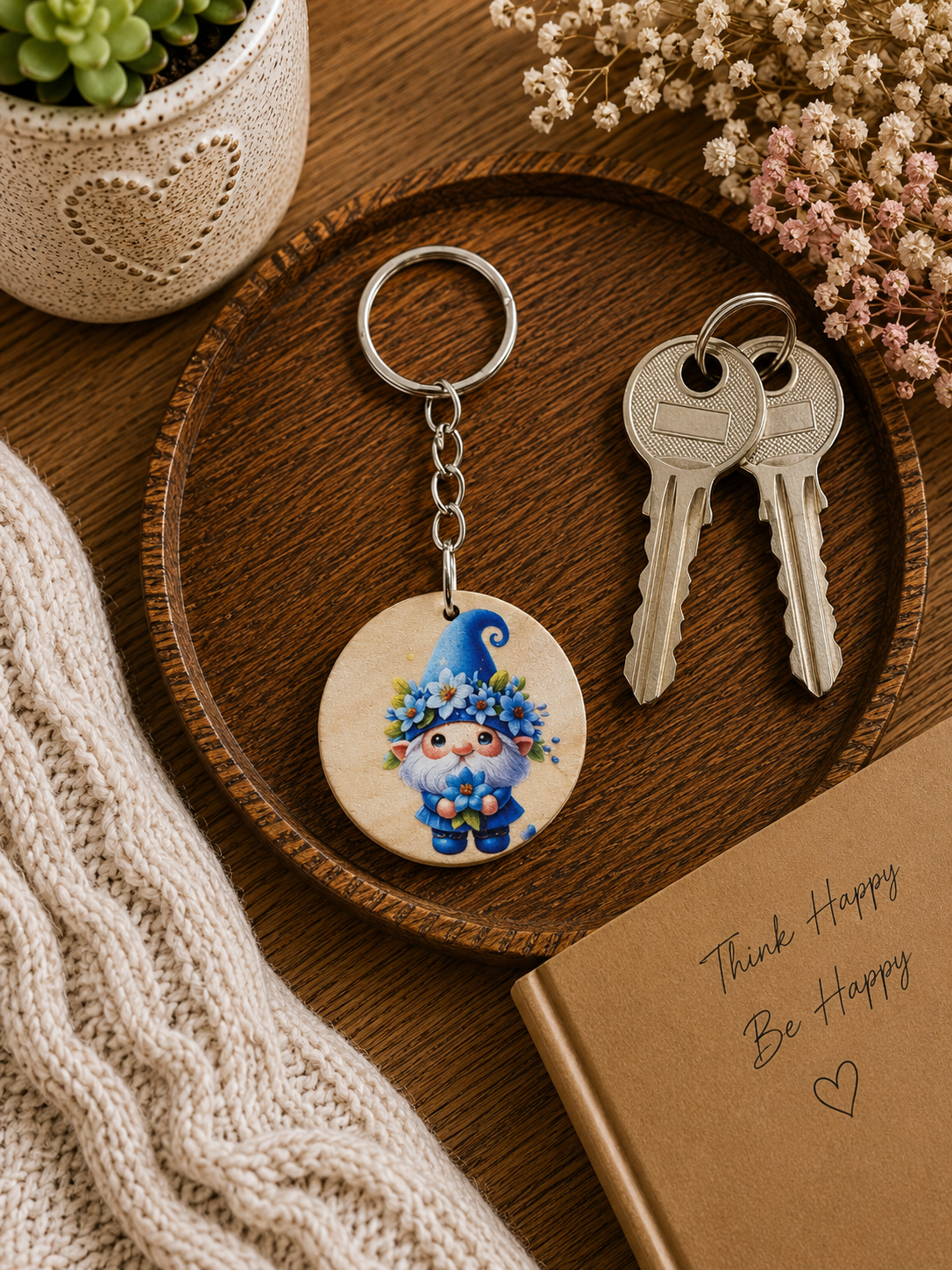 Blue Gnome Wooden Keyring