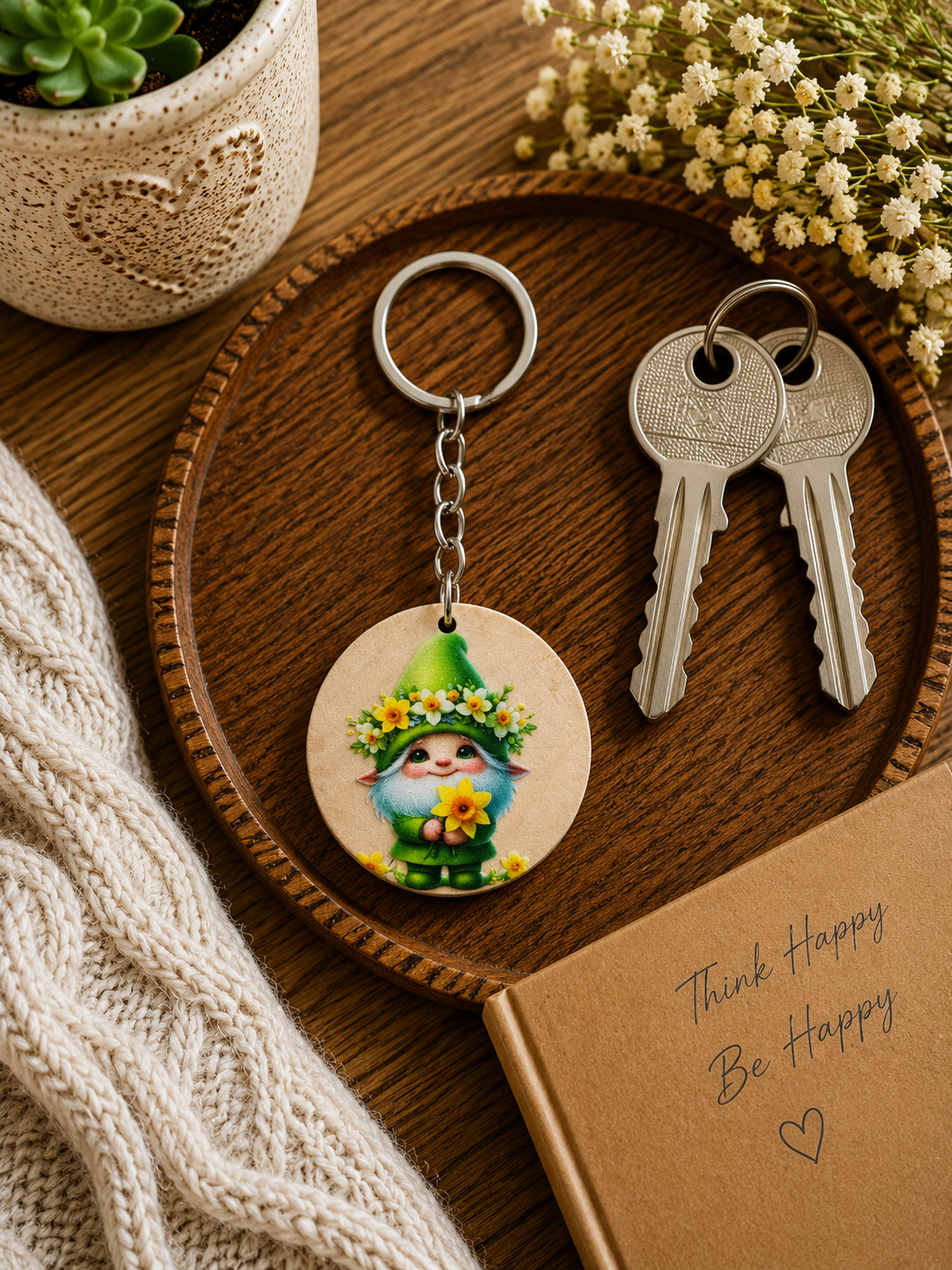 Green Gnome Wooden Keyring