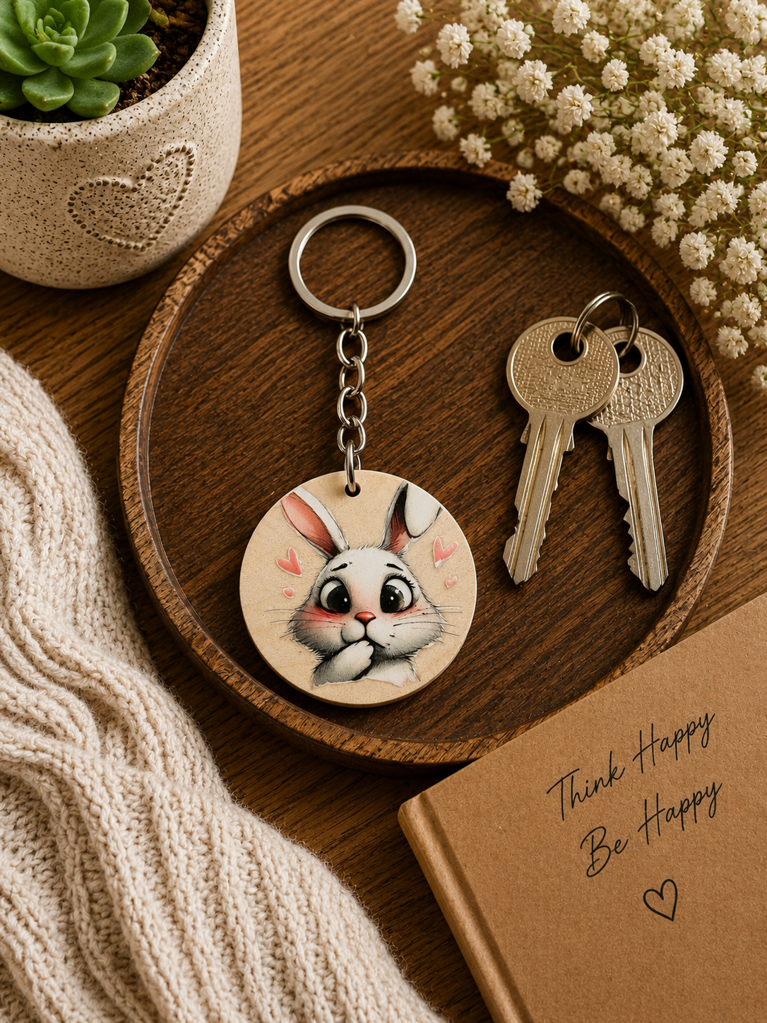Cute Bunny Wooden Keyring