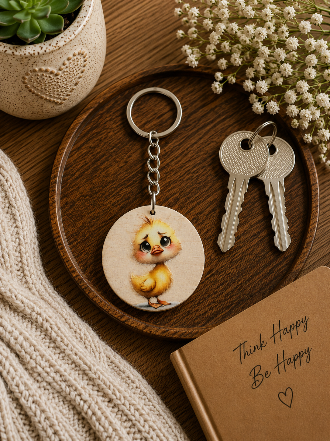 Cute Chick Wooden Keyring