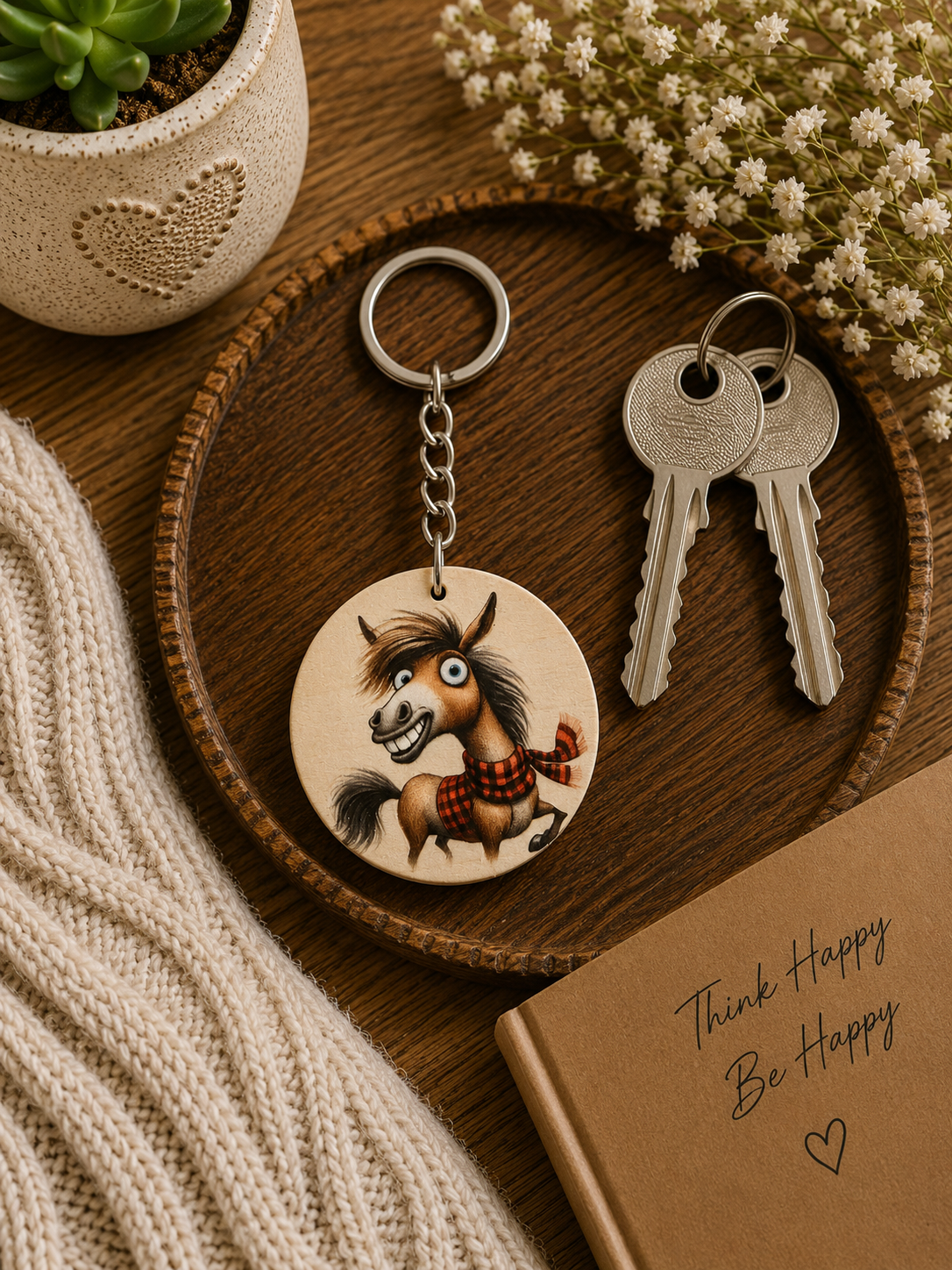 Funny Horse Wooden Keyring
