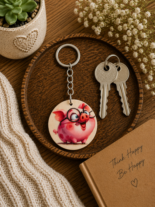 Funny Pig Wooden Keyring