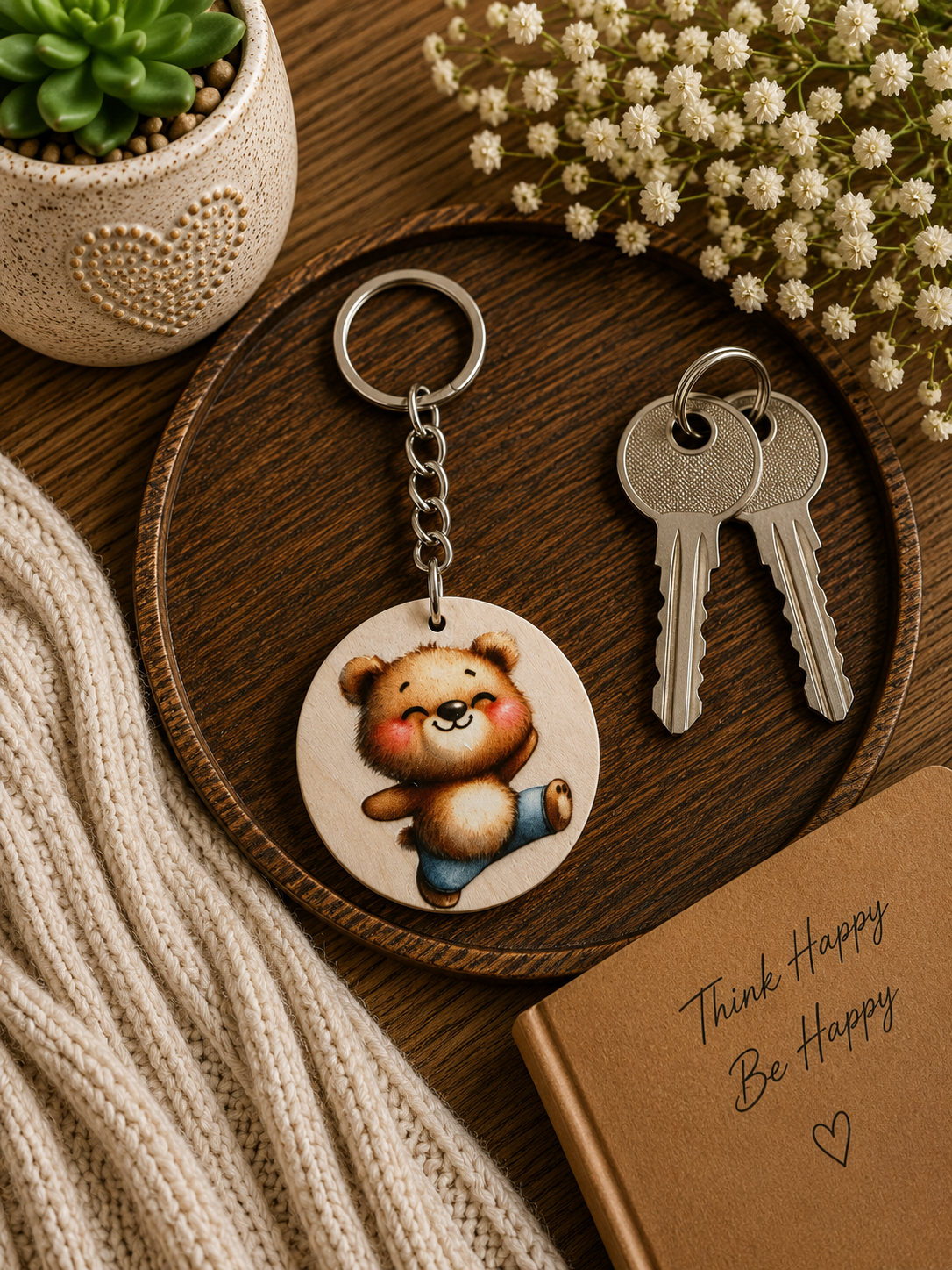 Happy Dancing Bear Wooden Keyring