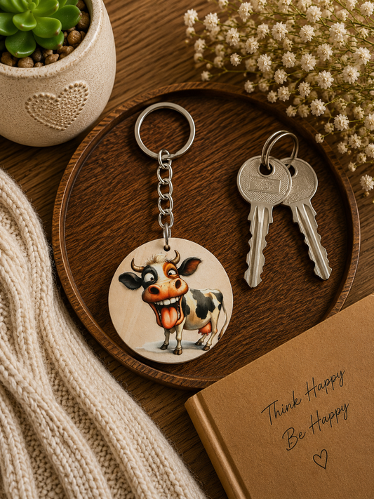 Funny Cow Wooden Keyring