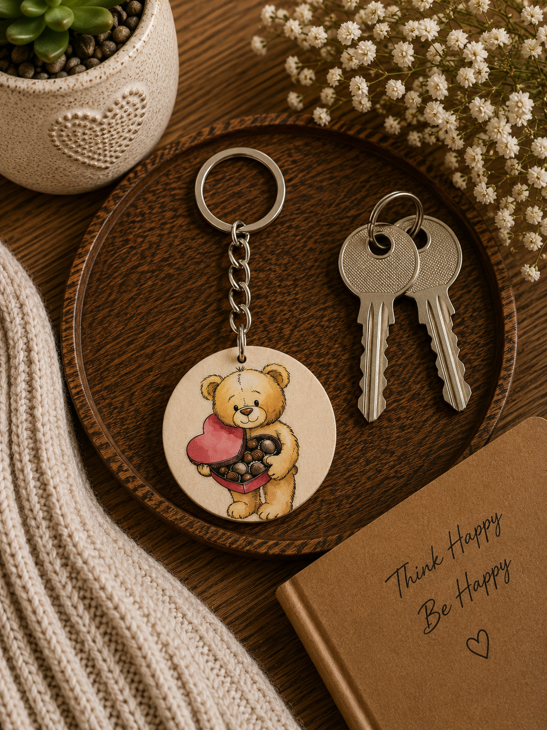 Teddy Bear Chocolate Box Wooden Keyring