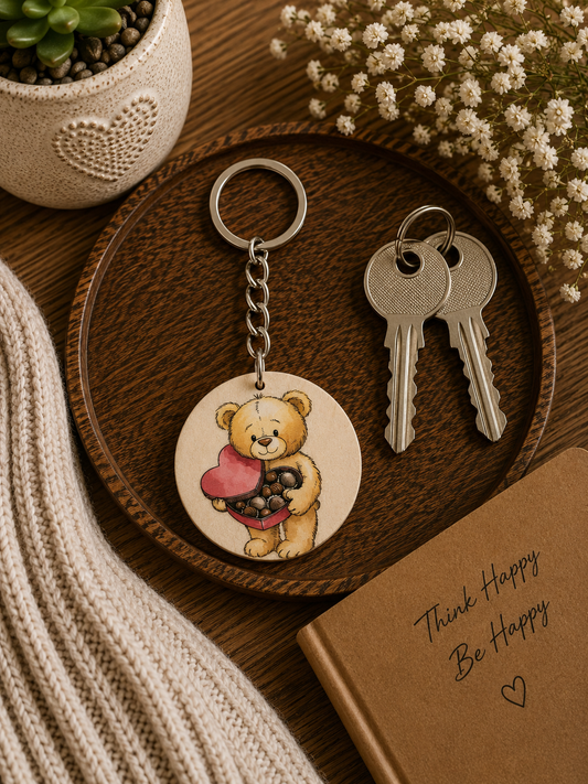 Teddy Bear Chocolate Box Wooden Keyring