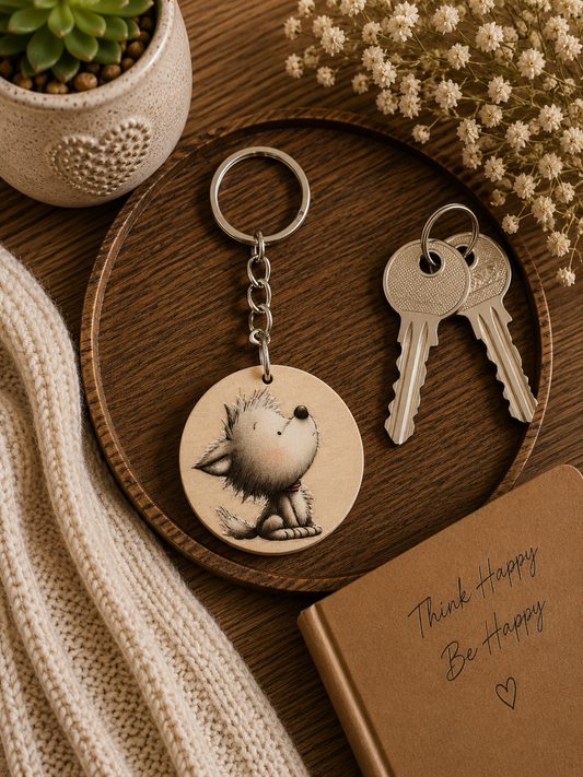 Cute Fluffy Puppy Wooden Keyring