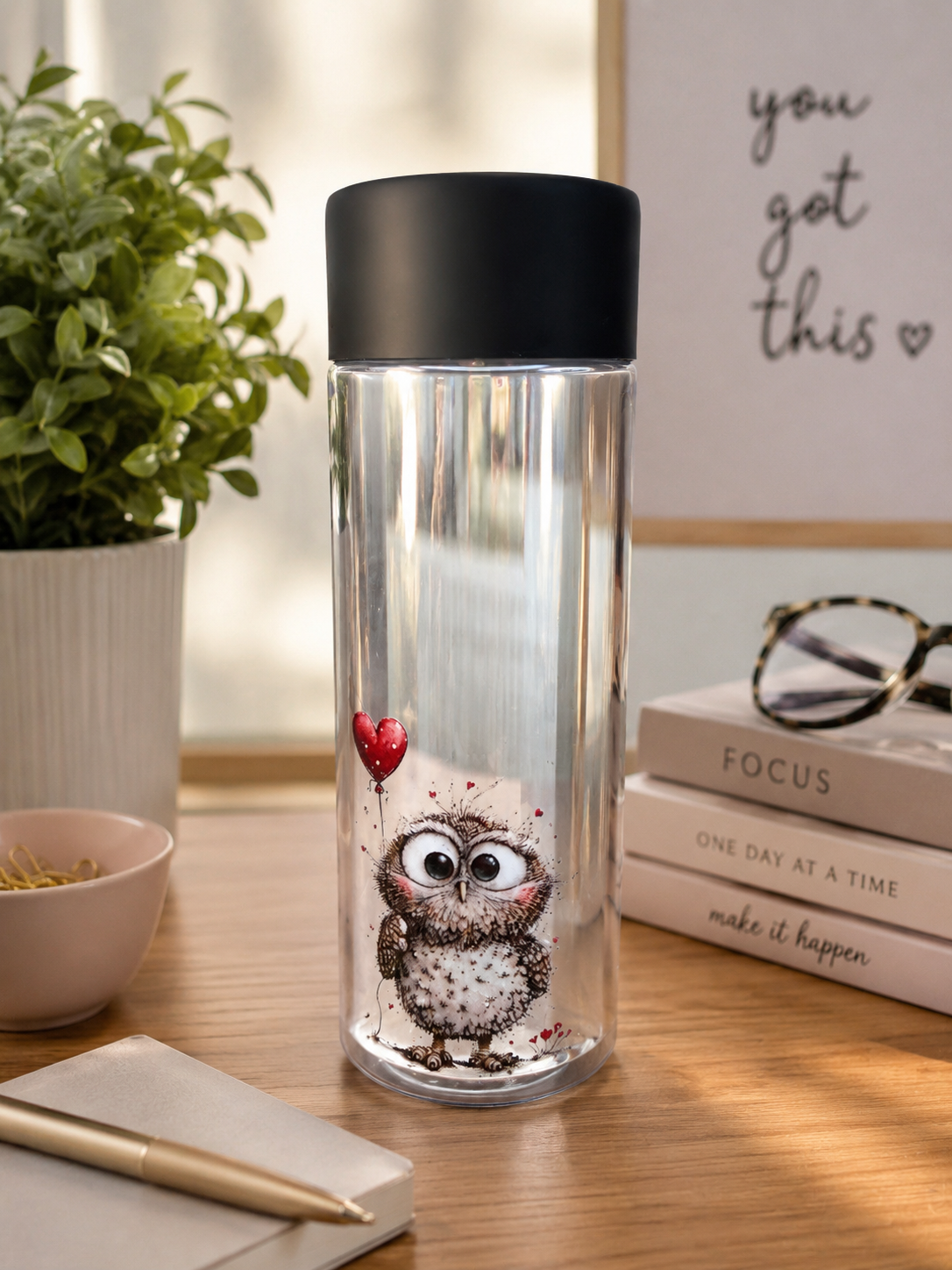 Cute Owl Plastic Bottle – Heart Balloon Design