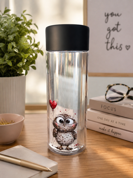 Cute Owl Plastic Bottle – Heart Balloon Design