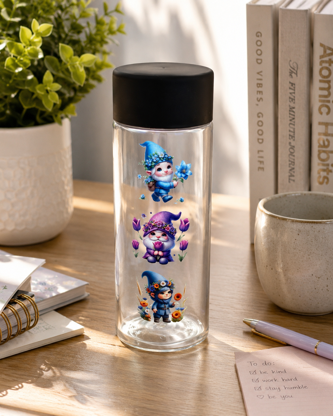 Whimsical Gnome Plastic Bottle – Floral Design