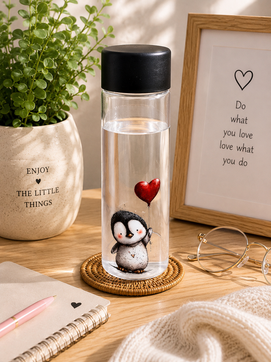 Cute Penguin Heart Balloon Bottle – Screw Top Plastic Drinking Bottle