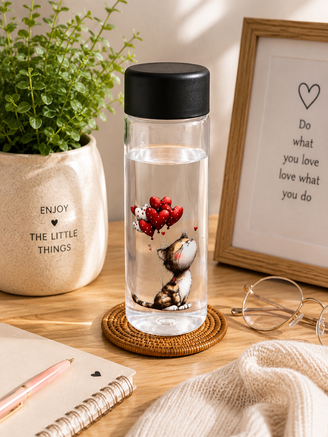 Kitten & Heart Balloons Drinking Bottle