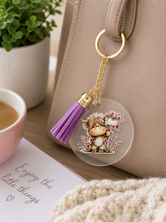 Floral Highland Cow Tassel Keyring