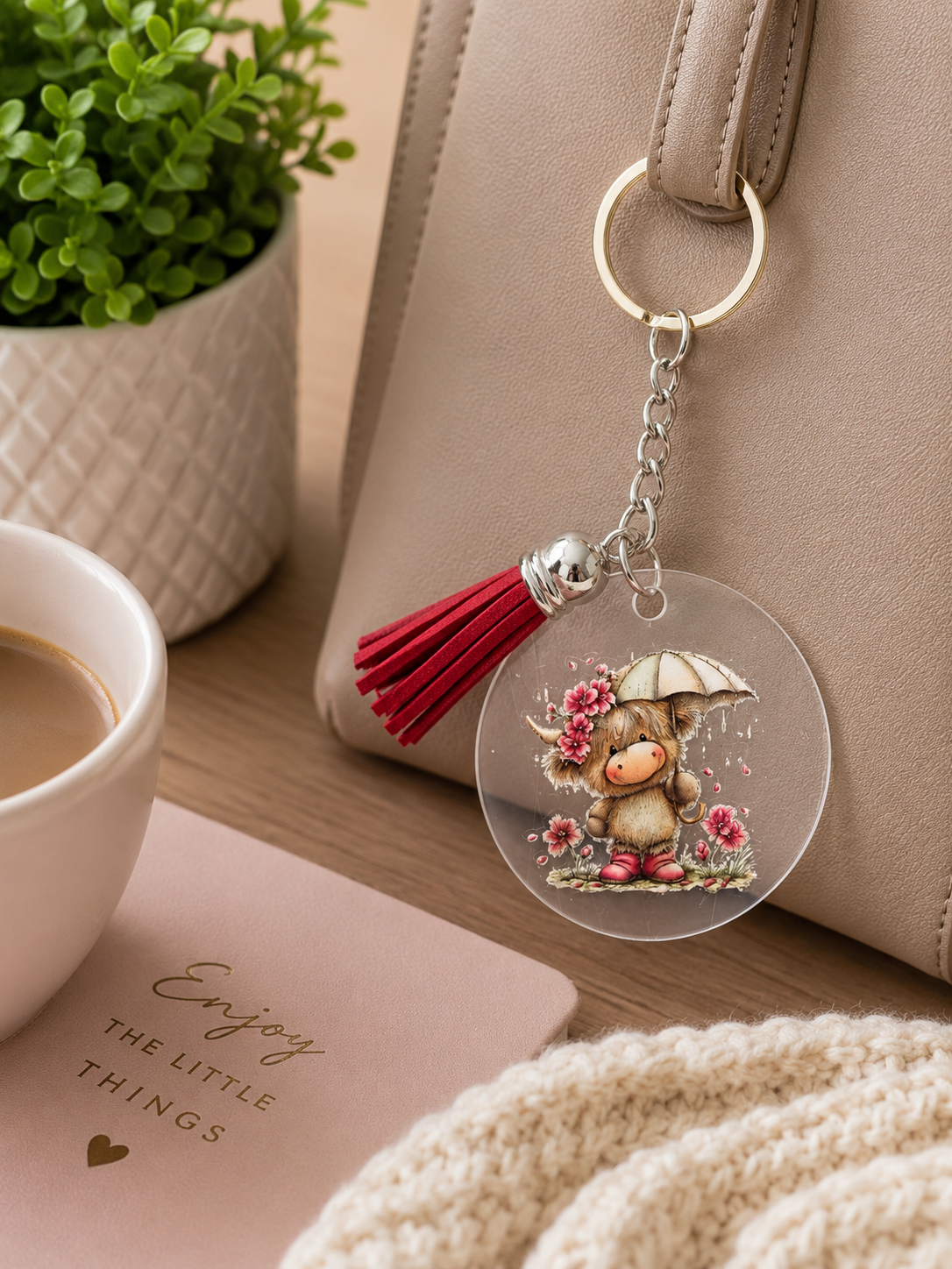 Highland Cow Umbrella Tassel Keyring