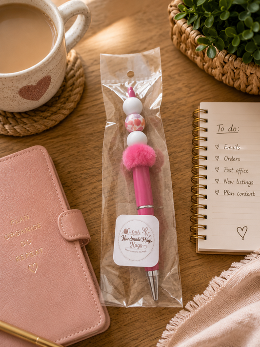 Pink Floral Fluffy Beaded Pen