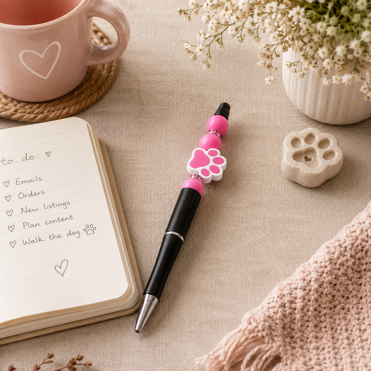 Pink Paw Print Beaded Pen – Cute Gift for Dog Lovers 🐾💕