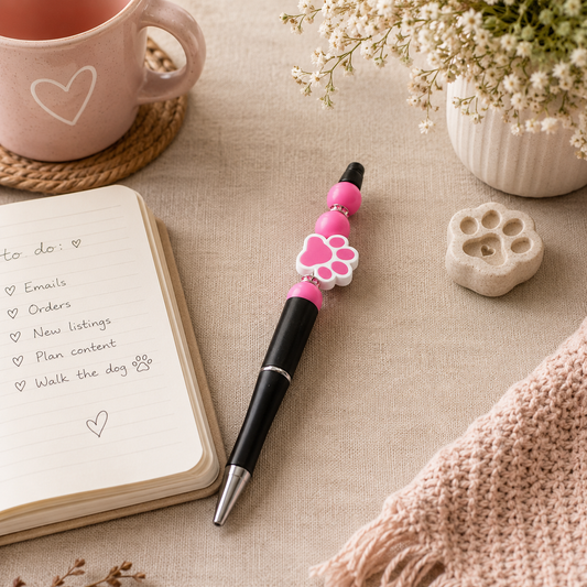 Pink Paw Print Beaded Pen – Cute Gift for Dog Lovers 🐾💕