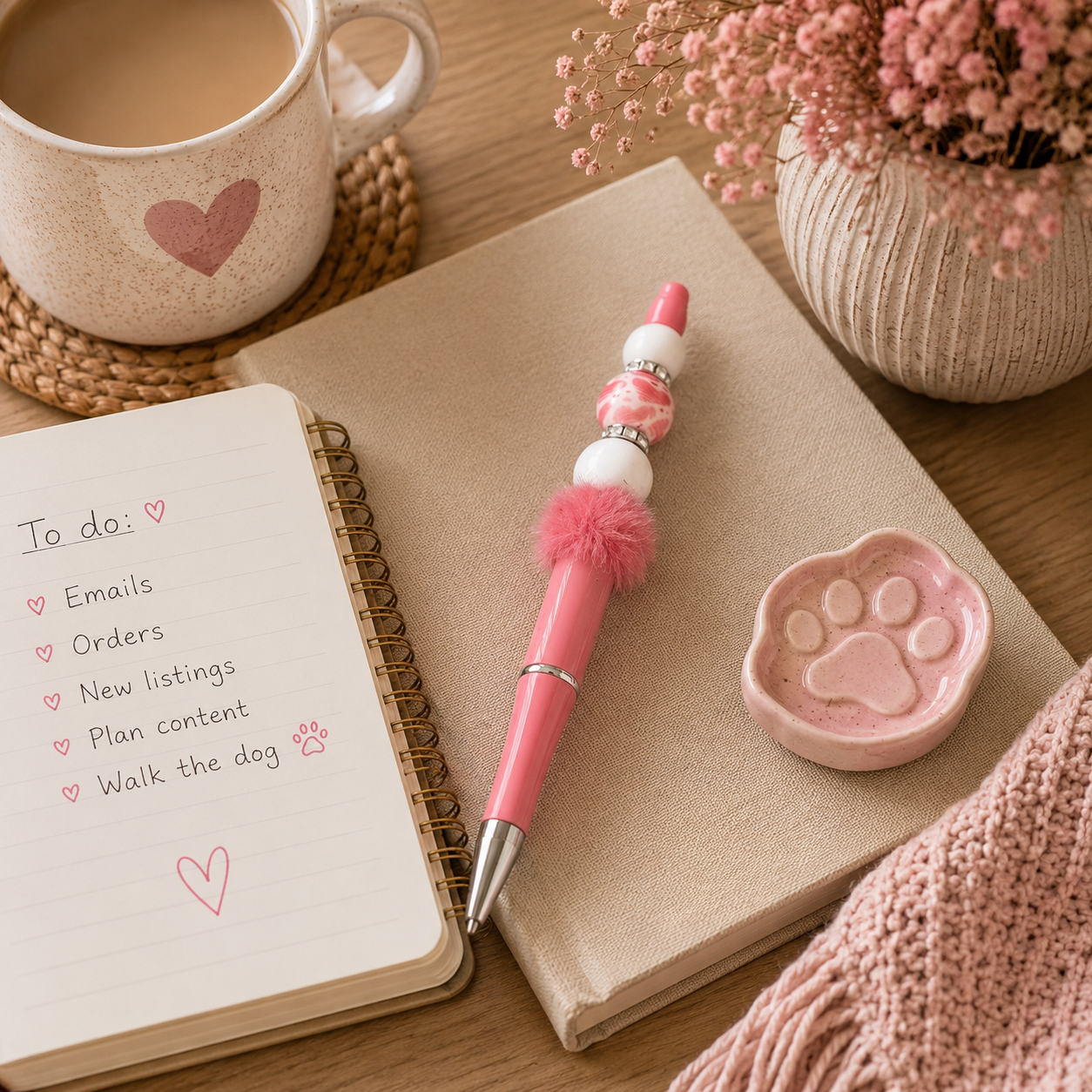 Pink Fluffy Beaded Pen | Handmade Stationery Gift