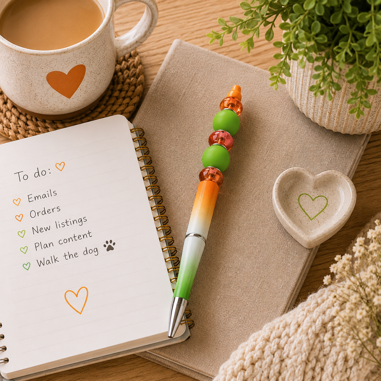 Citrus Ombre Beaded Pen | Orange, White & Green Handmade Ballpoint Pen | Bright Colourful Stationery Gift