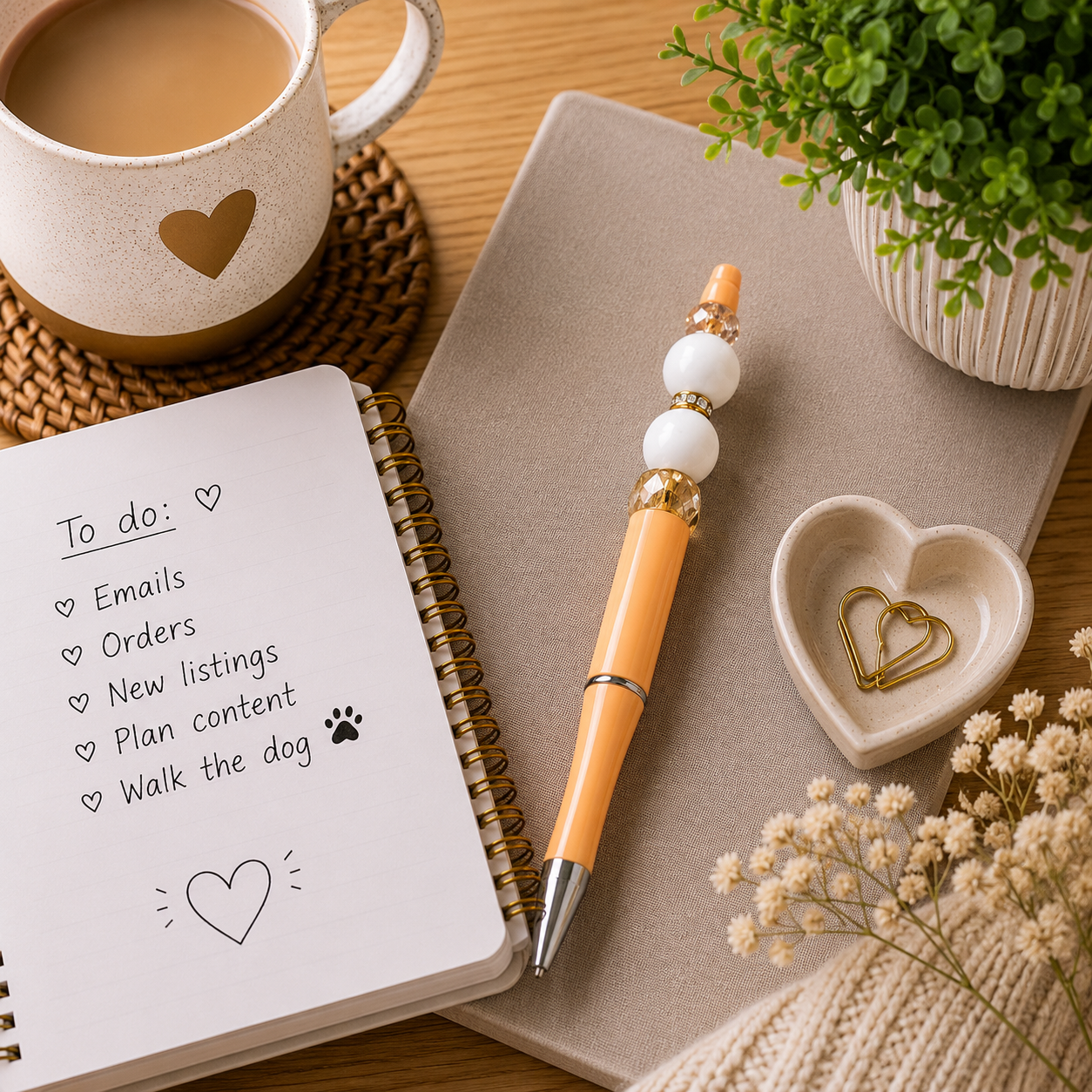 Peach & Pearl Handmade Bead Pen – Elegant Stationery Gift