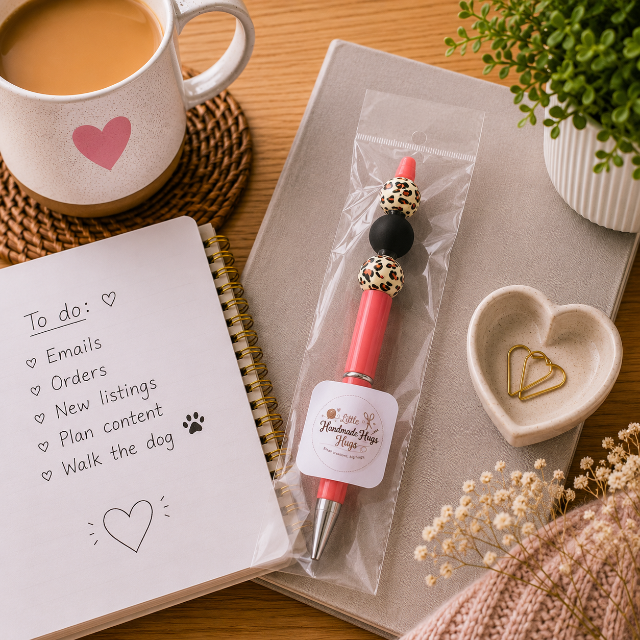 Coral Leopard Print Beaded Pen – Handmade Silicone Bead Pen