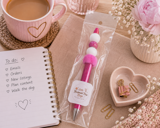 Pink Sparkle Pom-Pom Beaded Pen | Handmade Stationery Gift | Little Handmade Hugs