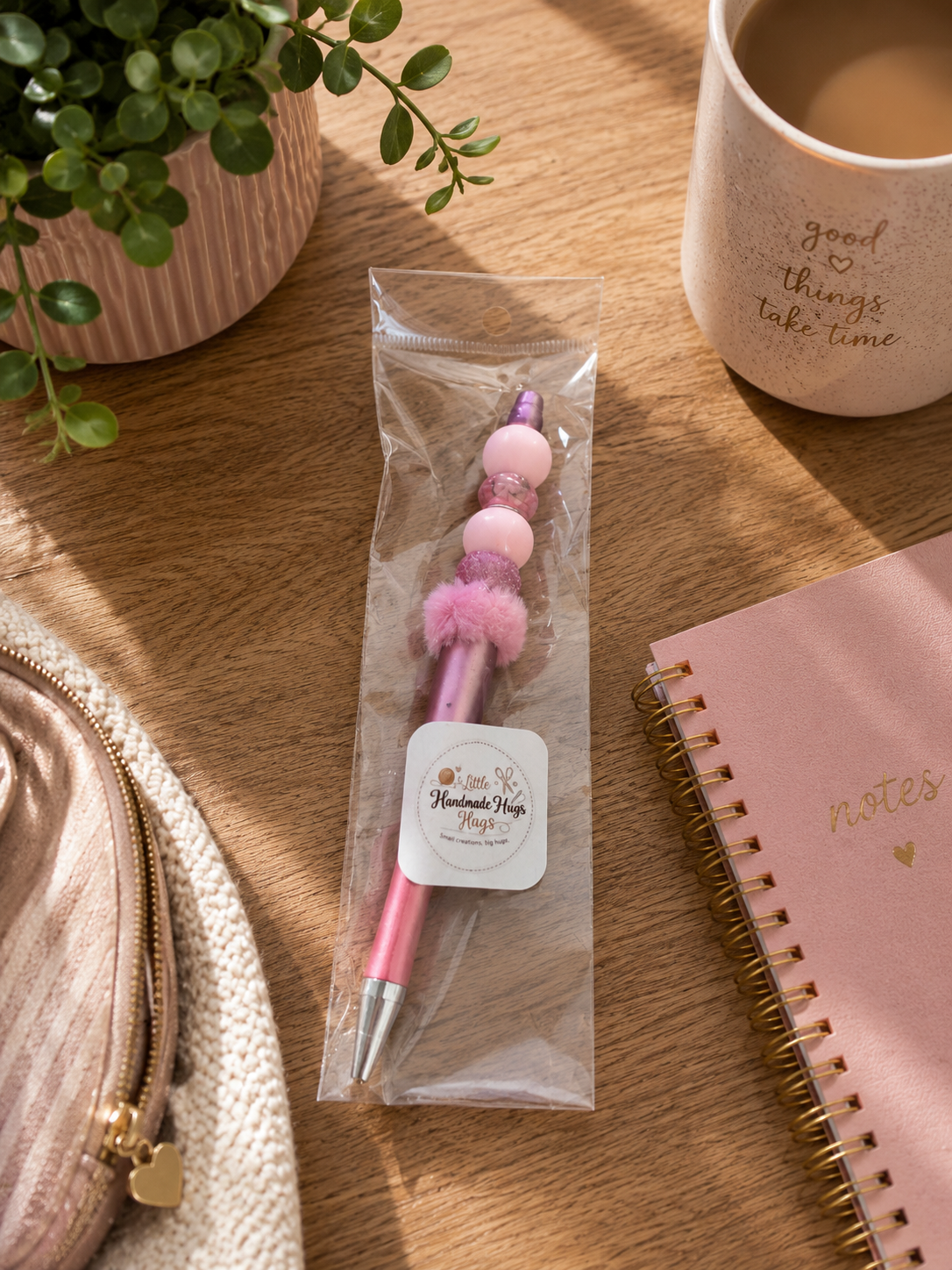 Pink Pom-Pom Handmade Beaded Pen