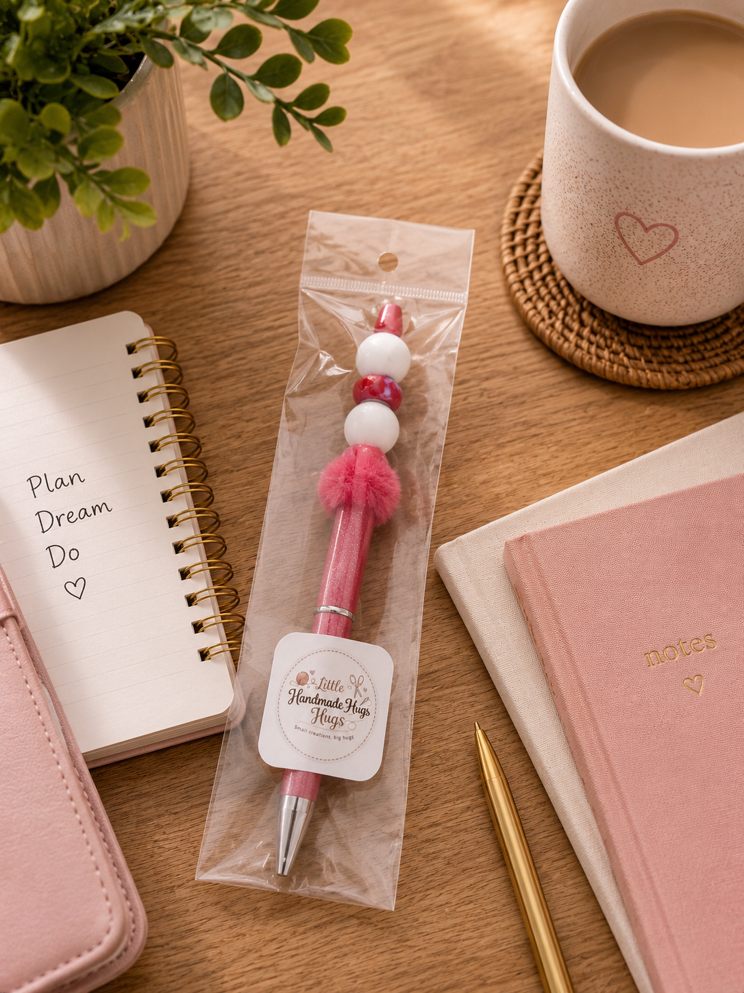 Pink Pom-Pom Handmade Beaded Pen
