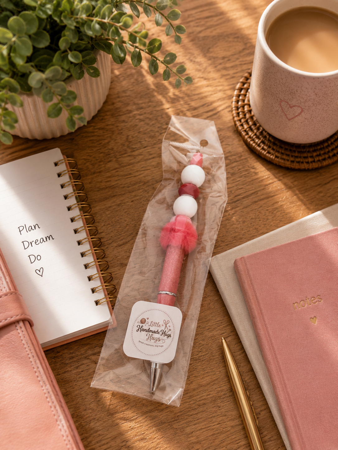 Blush Pink Pom-Pom Handmade Beaded Pen
