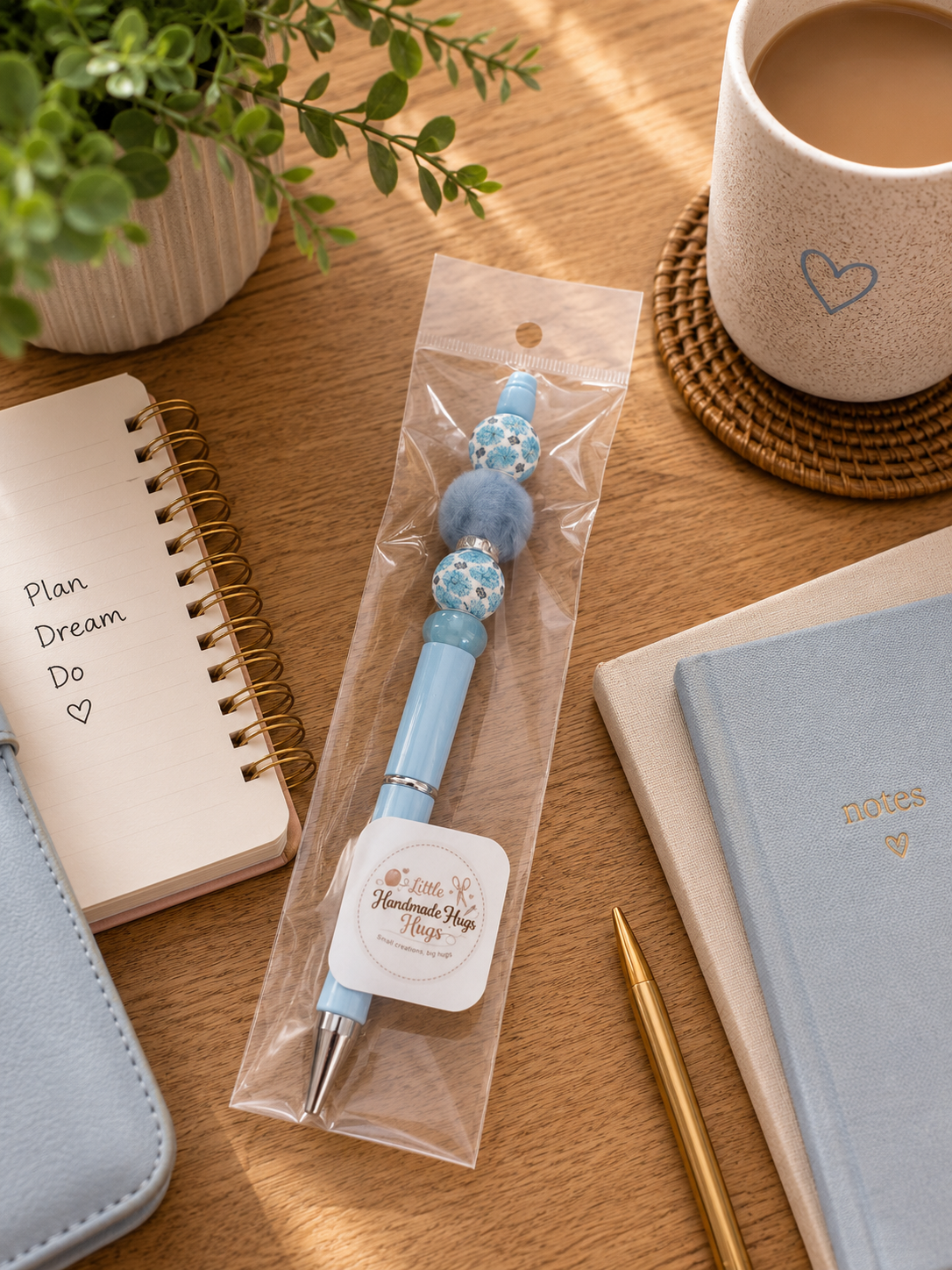 Baby Blue Floral Pom-Pom Handmade Beaded Pen