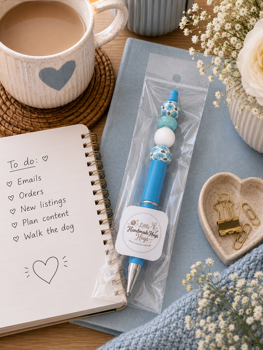 Blue Snowflake Beaded Pen – Handmade Winter-Inspired Glitter Pen