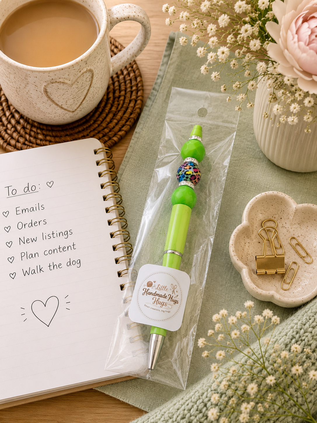 Neon Green Leopard Print Beaded Pen – Handmade Colourful Statement Pen