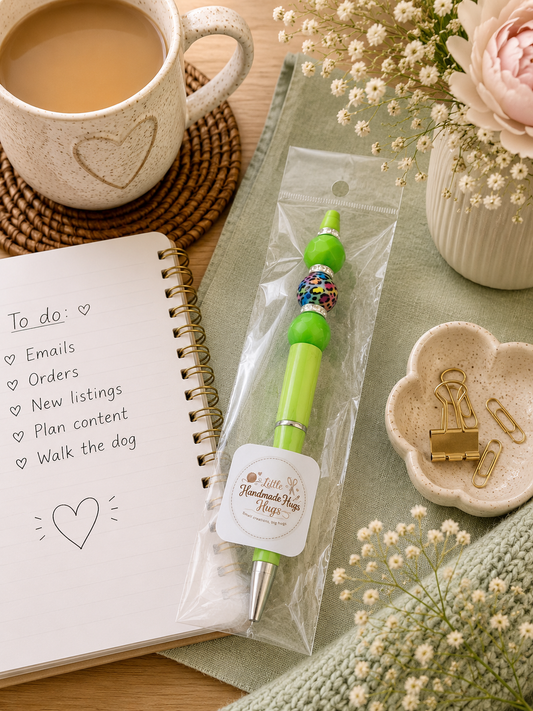 Neon Green Leopard Print Beaded Pen – Handmade Colourful Statement Pen