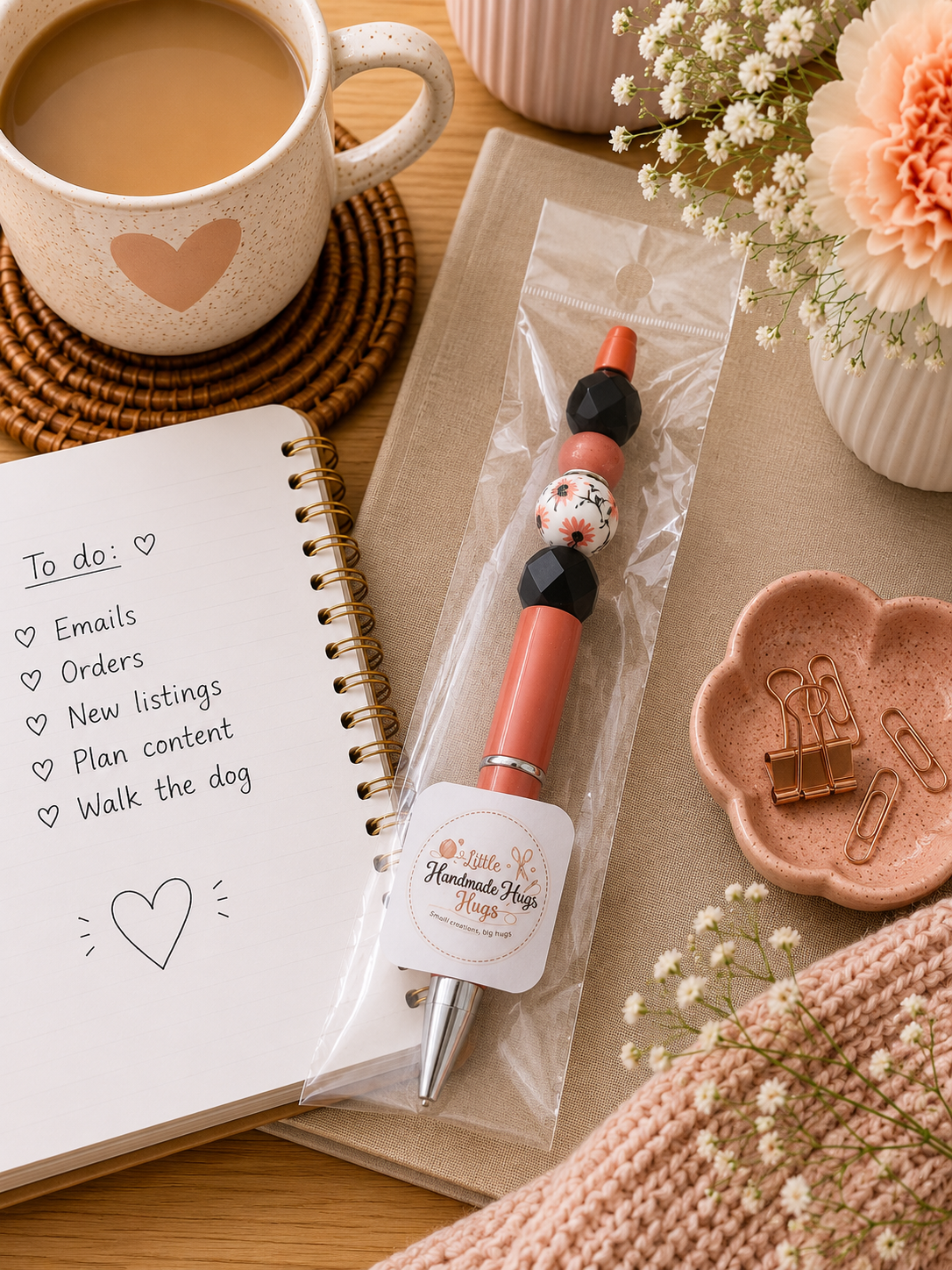 Coral Floral Beaded Pen | Handmade Decorative Ballpoint Pen
