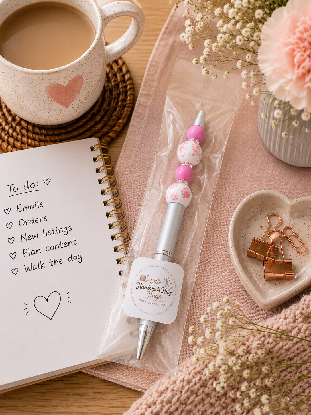Pink Paw Print Beaded Pen | Handmade Dog Lover Ballpoint Pen