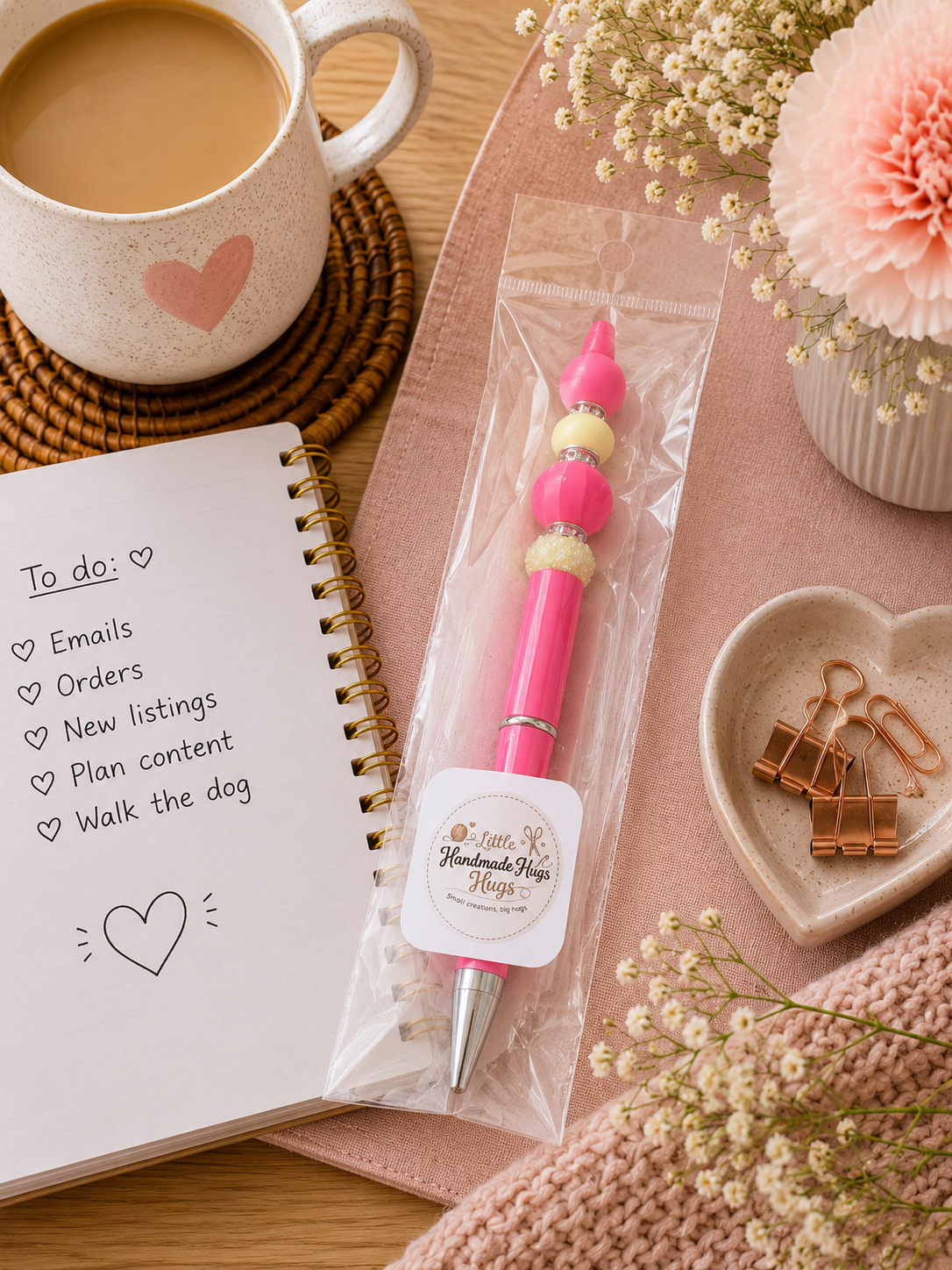 Pink & Cream Beaded Handmade Pen