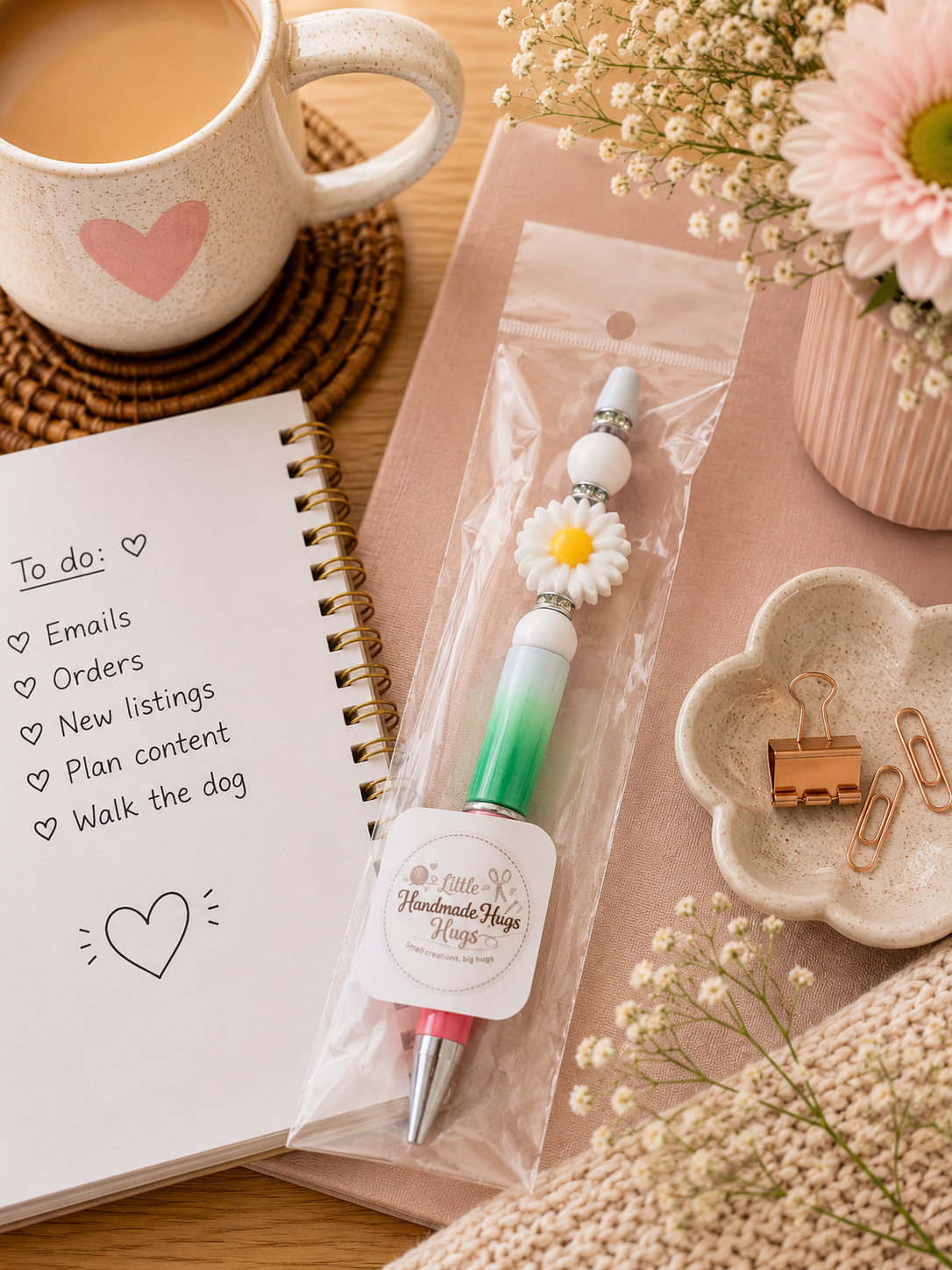 Handmade Daisy Beaded Pen | Cute Floral Ballpoint Pen Gift