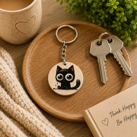 Black Cat Wooden Keyring