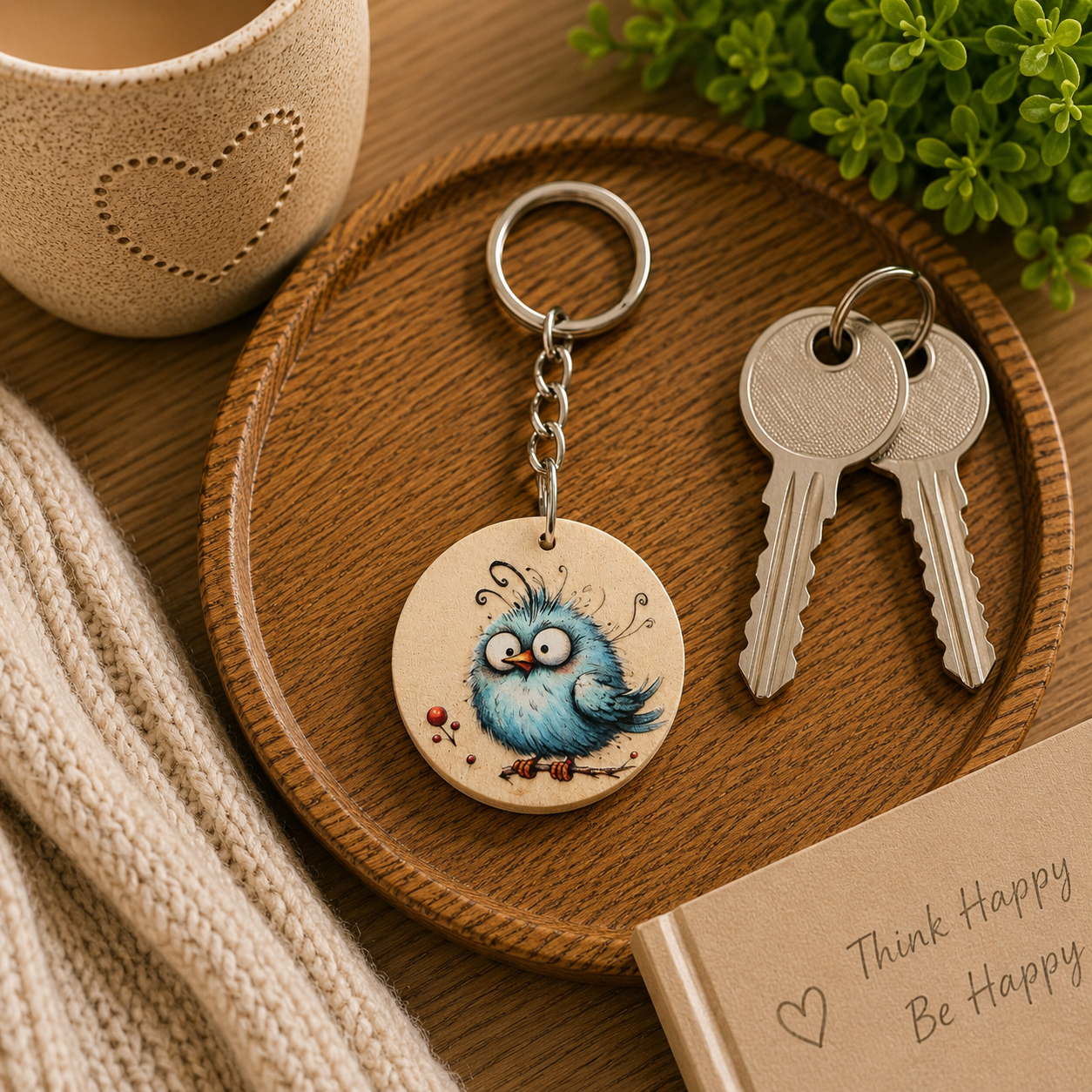 Cute Blue Bird Wooden Keyring | Whimsical Animal Bag Charm | Handmade Gift Idea
