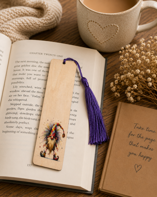 Wooden Gnome Bookmark with Purple Tassel