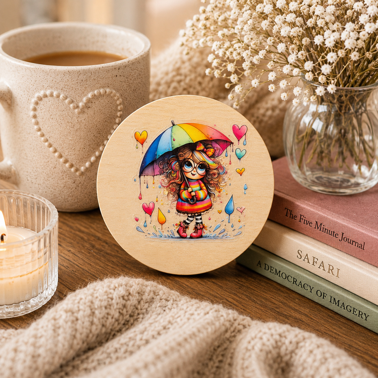 Rainbow Umbrella Girl Wooden Coaster – Colourful Whimsical Design