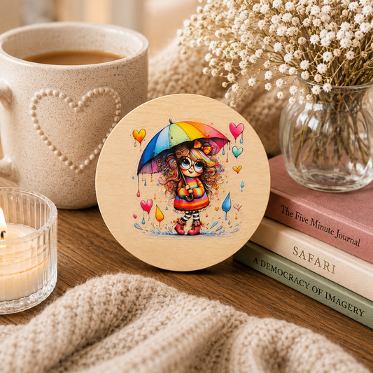 Rainbow Umbrella Girl Wooden Coaster – Colourful Whimsical Design