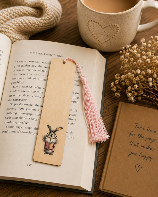 Wooden Tassel Bookmark – Cute Reading Bunny Design