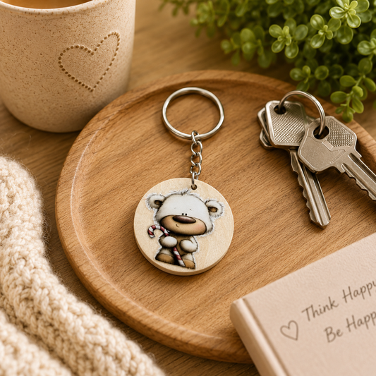 “Candy Cane Bear” Wooden Keyring