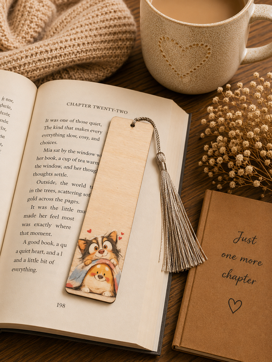 Cute Cat & Puppy Wooden Bookmark – Handmade Tassel Bookmark