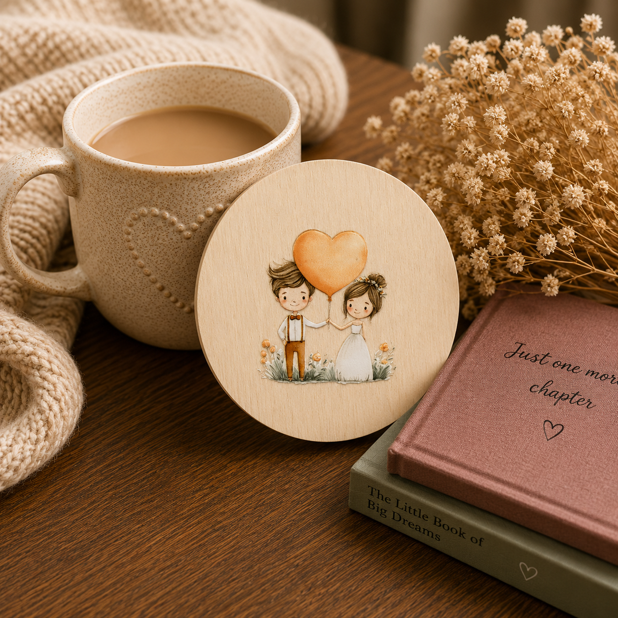Romantic Couple Wooden Coaster – Heart Balloon Design
