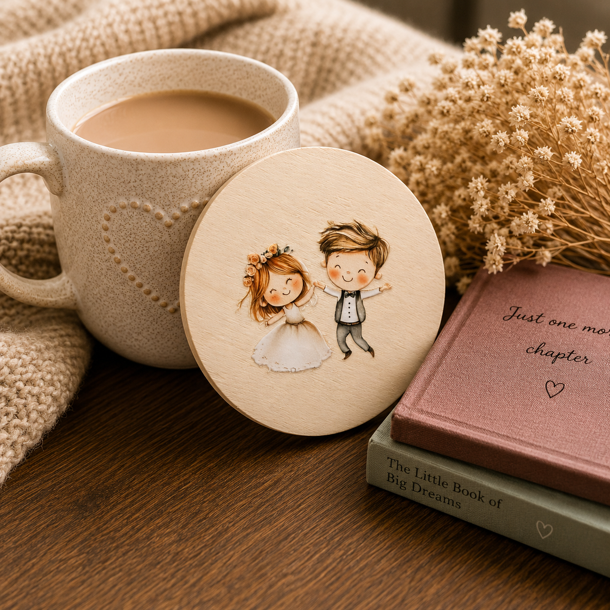 Cute Wedding Couple Wooden Coaster – Dancing Bride & Groom Design