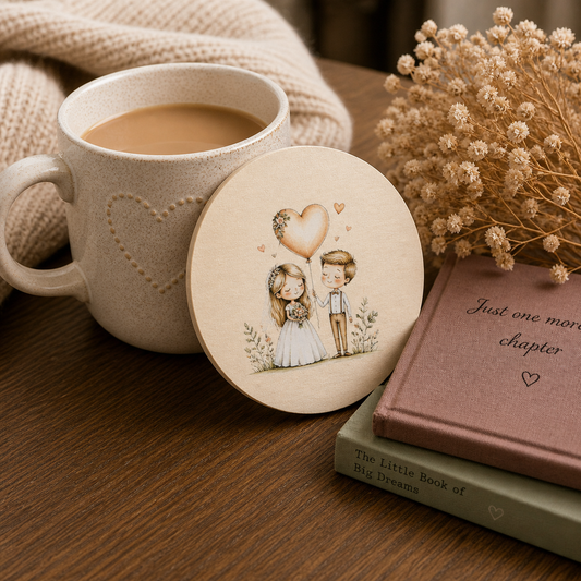 Wedding Couple Wooden Coaster – Heart Balloon Design