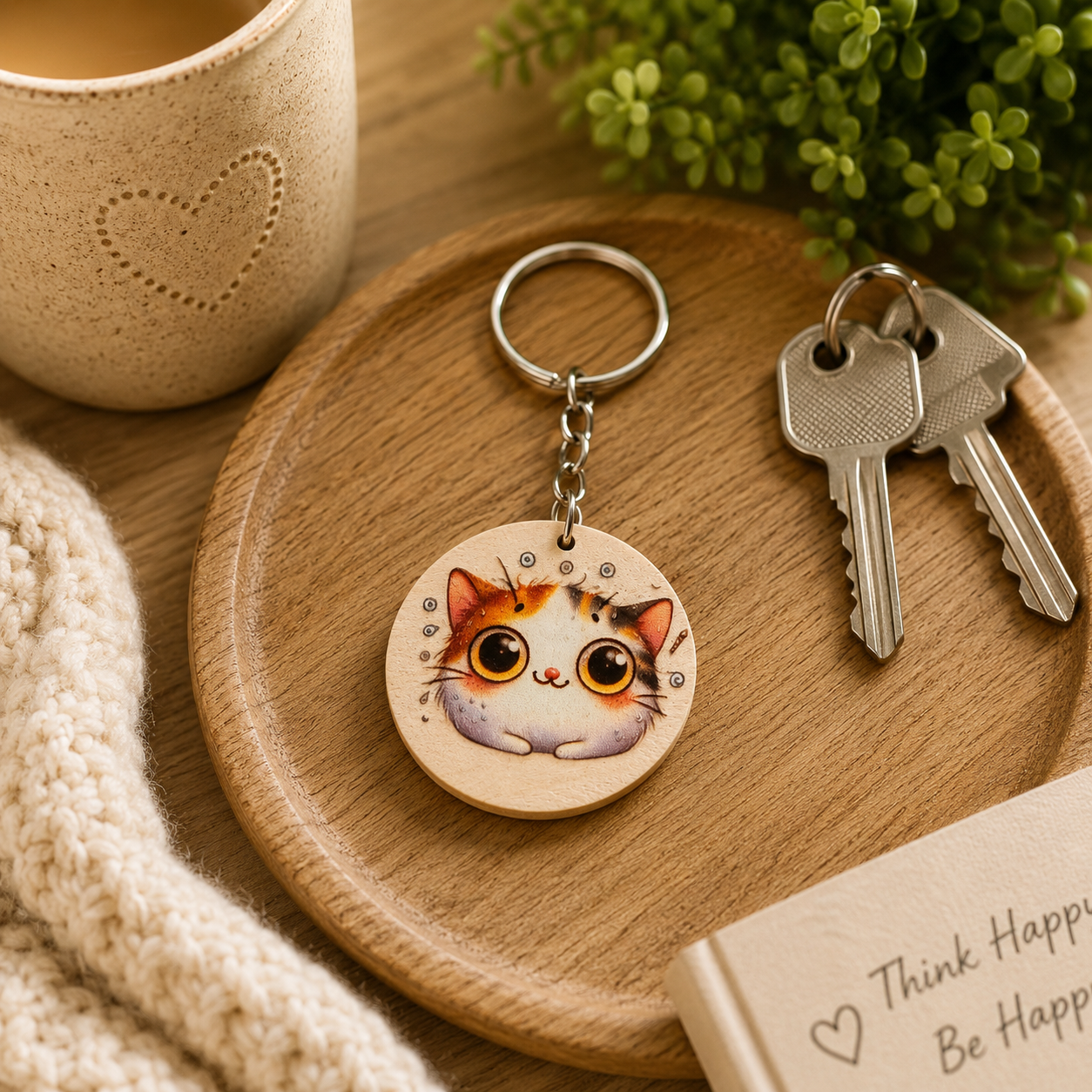 Cute Cat Wooden Keyring